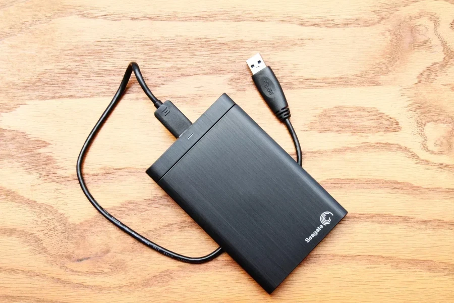 A black Seagate external drive