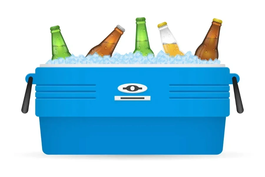 A blue plastic beverage tub filled with ice and beer