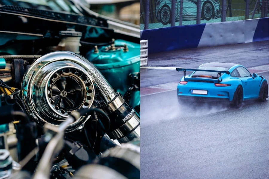 a blue racing car with a turbocharged engine