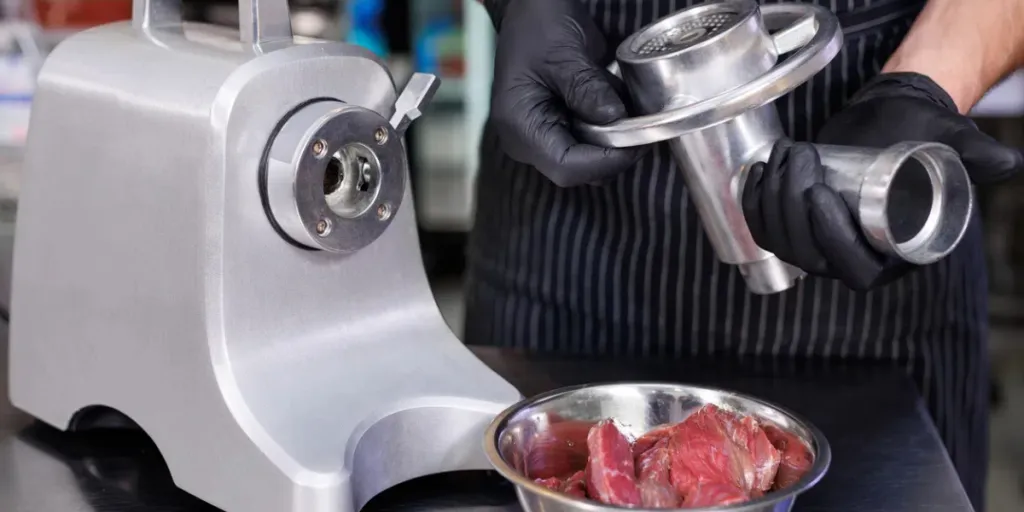 A cook assembling a meat and bone grinder