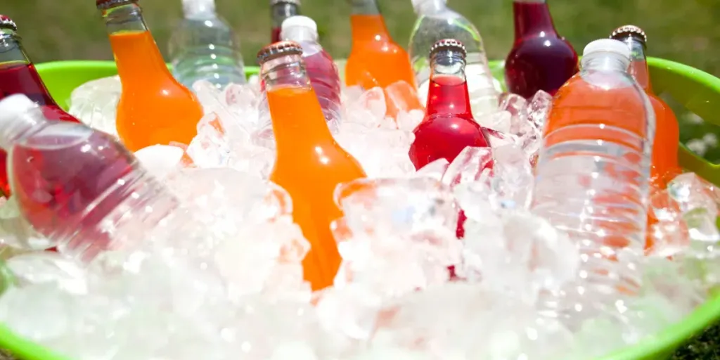 A green beverage tip filled with ice and soda bottles