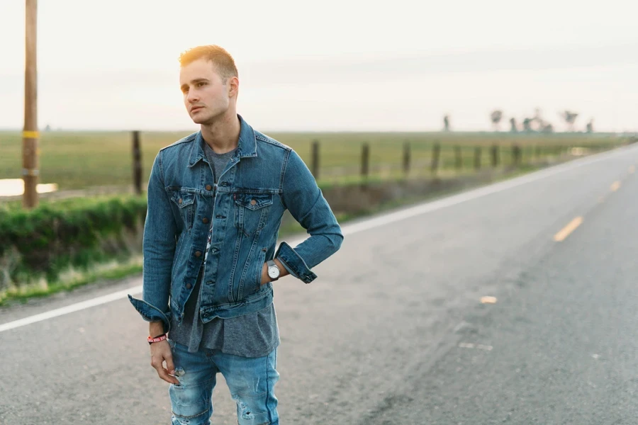 a man wearing a denim outfit