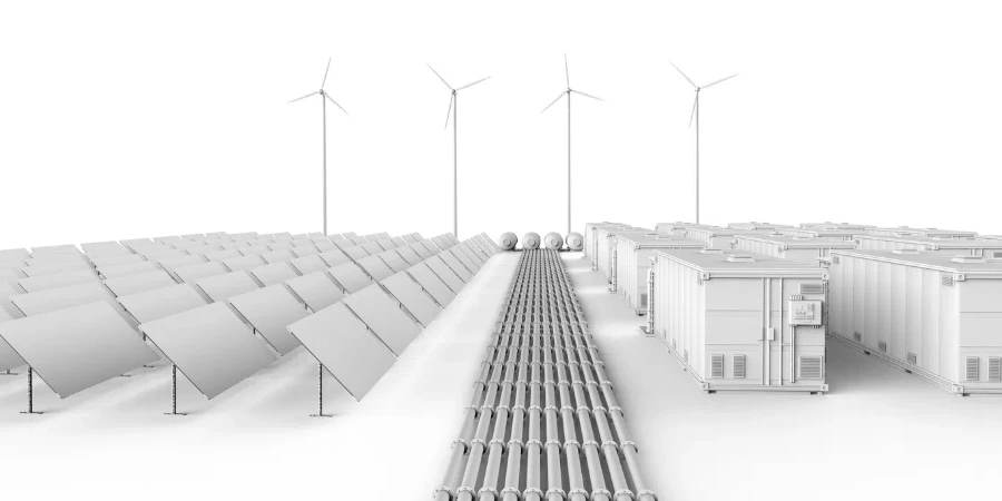 energy storage systems or battery container units with solar and turbine farm