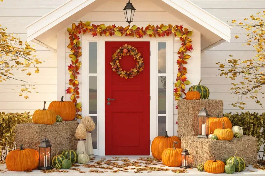 fall-themed front entrance decoration with pumpkins and garlands