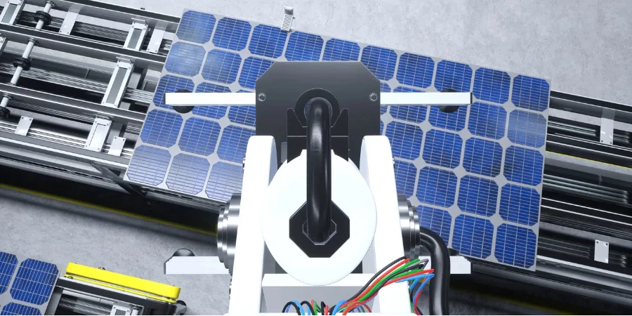 industrial robot arm placing solar panel on assembly line