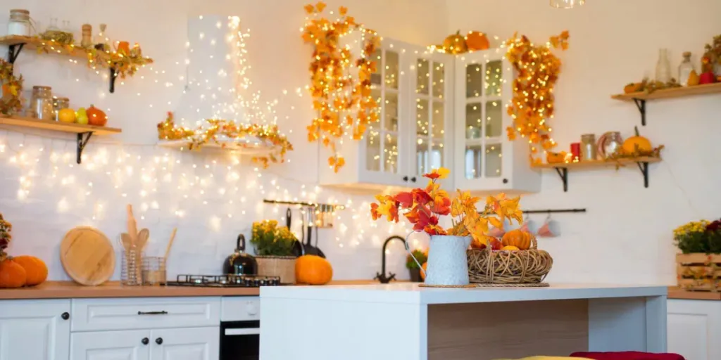 kitchen interior decorated with wreaths, copper string lights and pumpkins