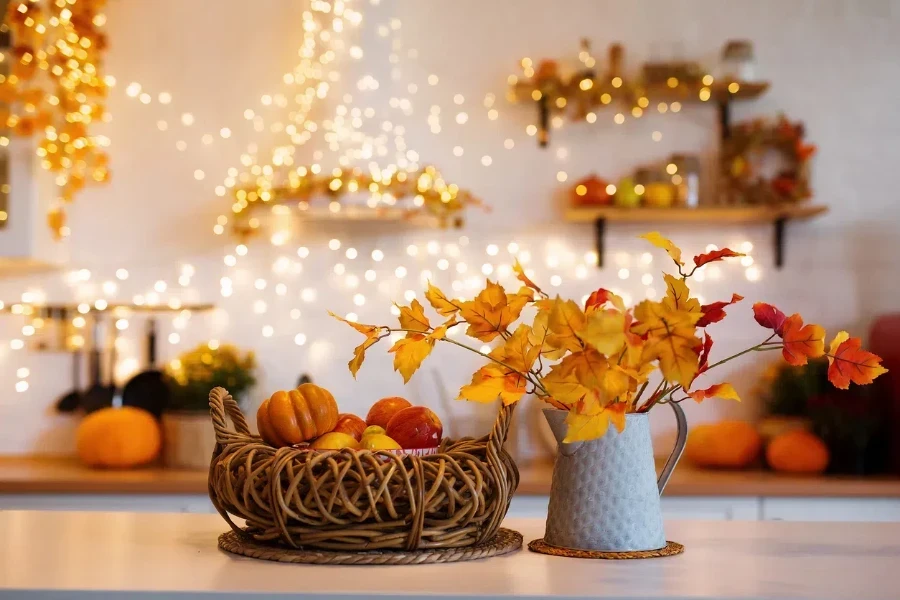 kitchen interior with red and yellow leaves as fall decor