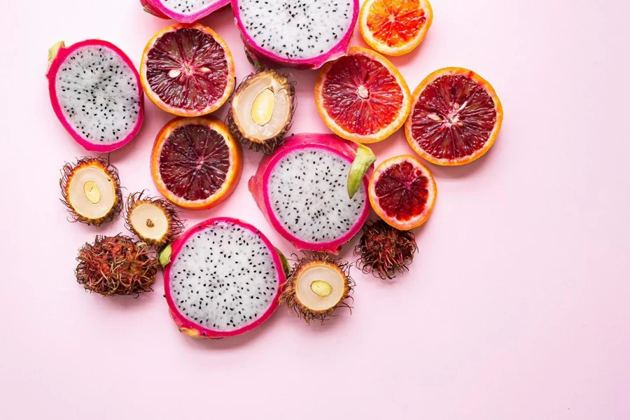 orange and pink fruits showing triadic colors