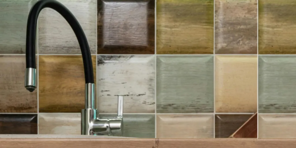 peel-and-stick backsplash with fake wood tiles