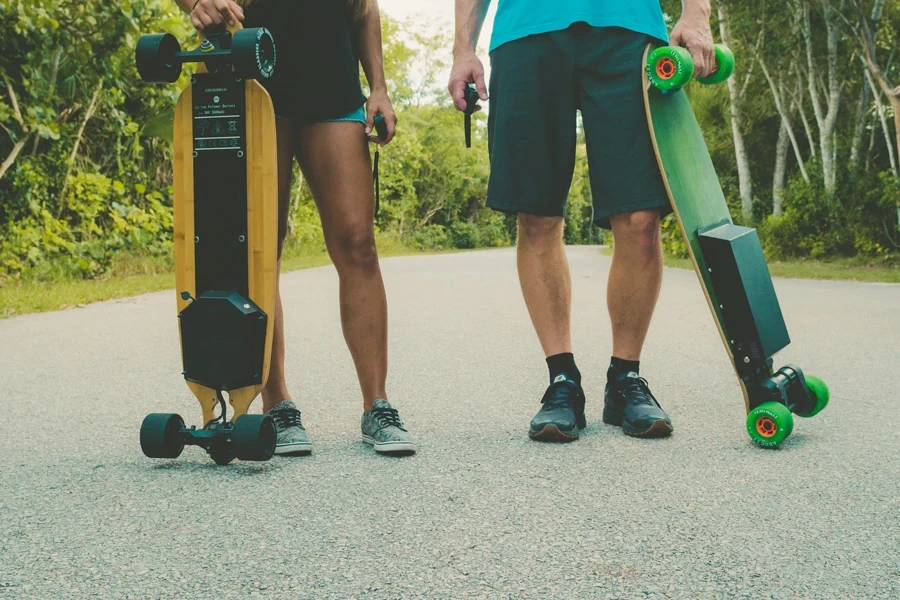 two skaters wearing denim shorts