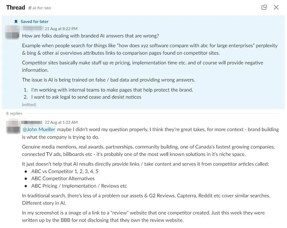 A Slack thread discussing issues with AI-generated brand comparisons