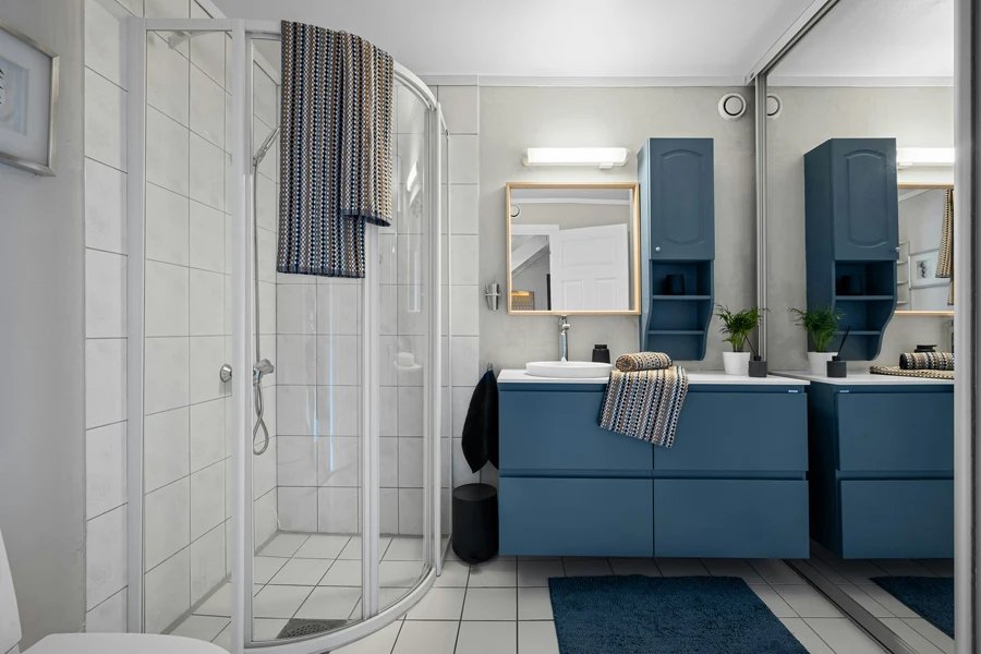 A bathroom with a blue rug on the floor