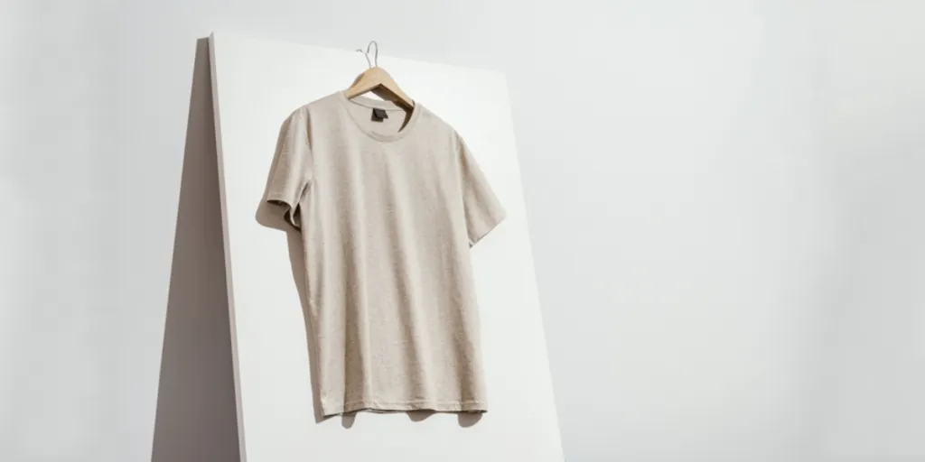 A beige T-shirt mockup on a whiteboard