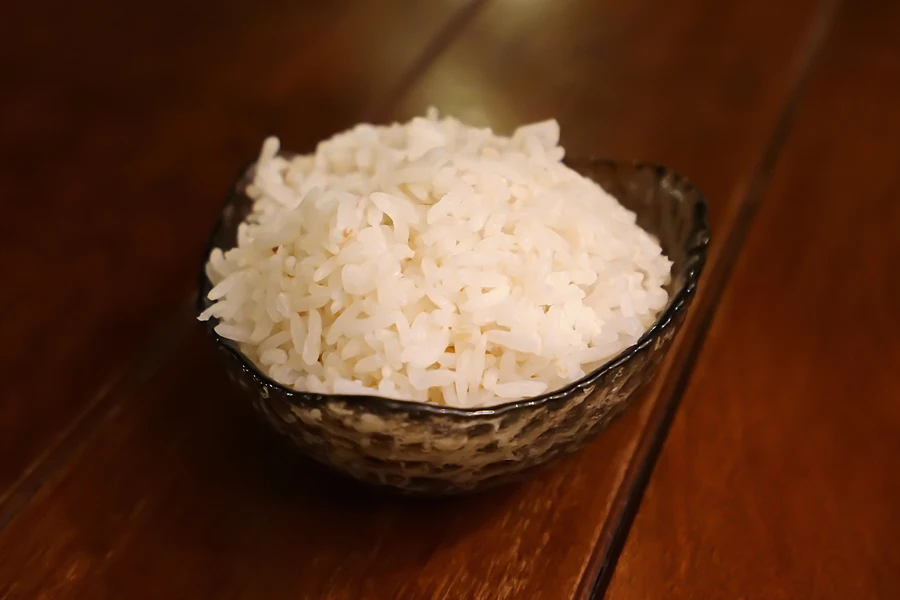 A bowl of steamed white Jasmine rice