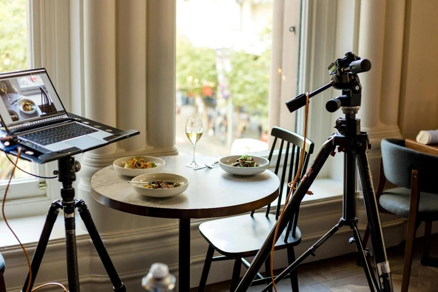 A camera and food on a table