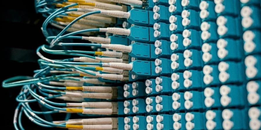 A close up of a bunch of blue and white cables