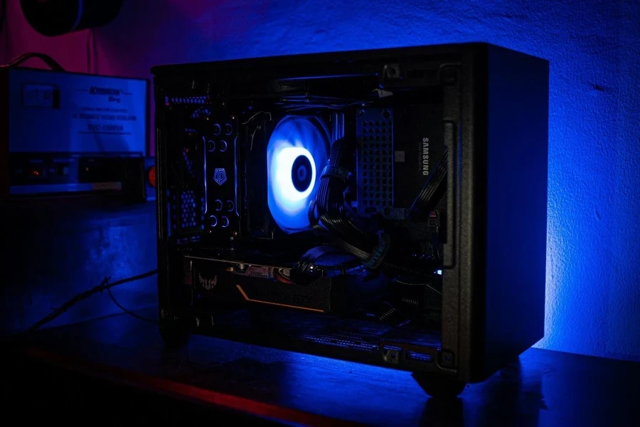 A computer tower with a blue light