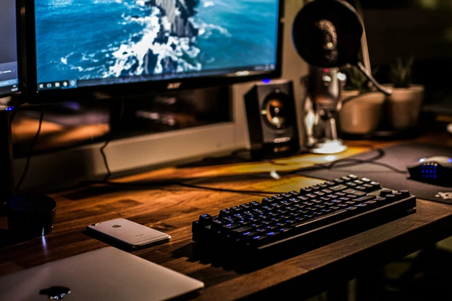 A keyboard on a desk