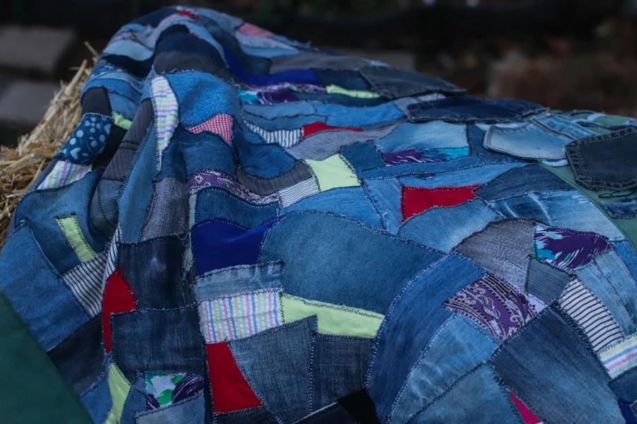 A sample of patchwork denim on display