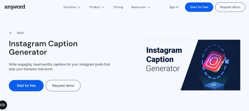 A screenshot of Anyword’s Instagram Caption generator