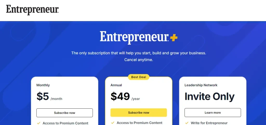 A screenshot of Entrepreneur’s pricing page