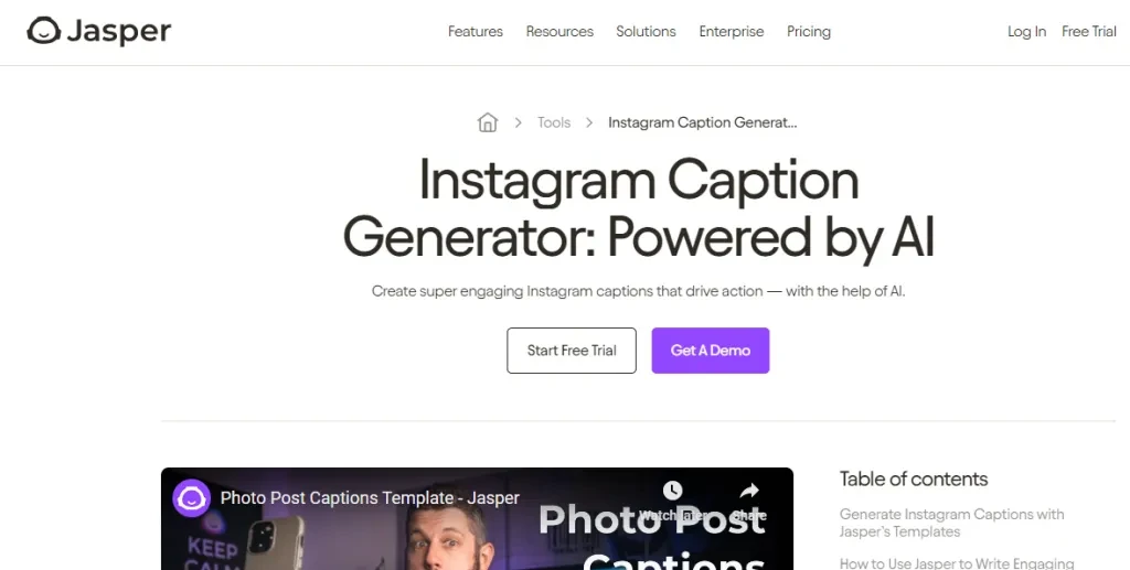 A screenshot of Jasper AI’s caption generator