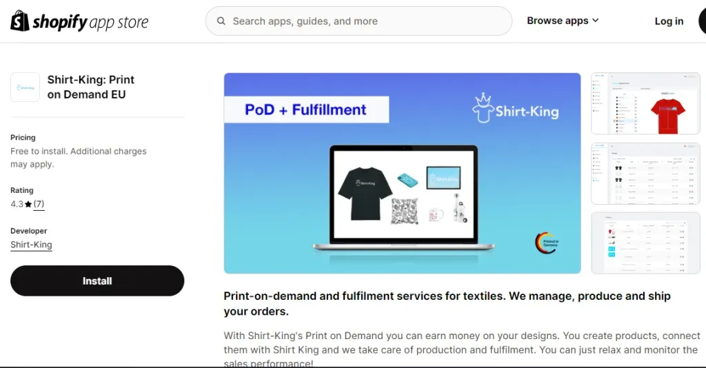 A screenshot of Shirt King on the Shopify store