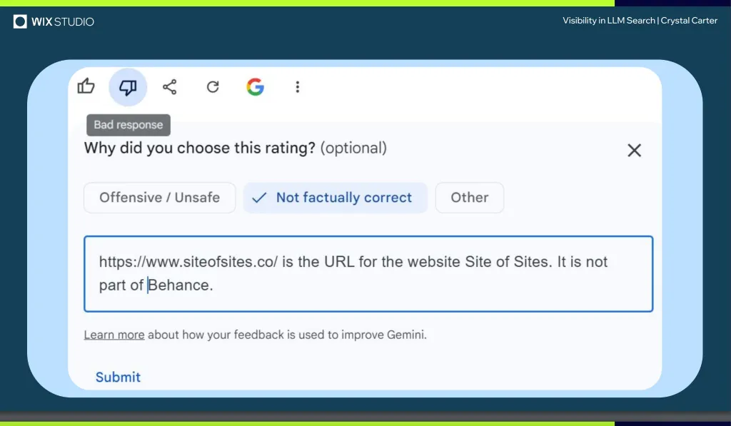 A screenshot of a feedback dialog on Google Search