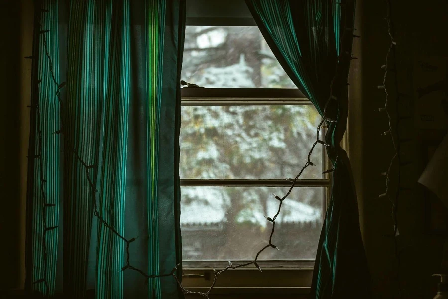 A window with curtains and a snowy landscape