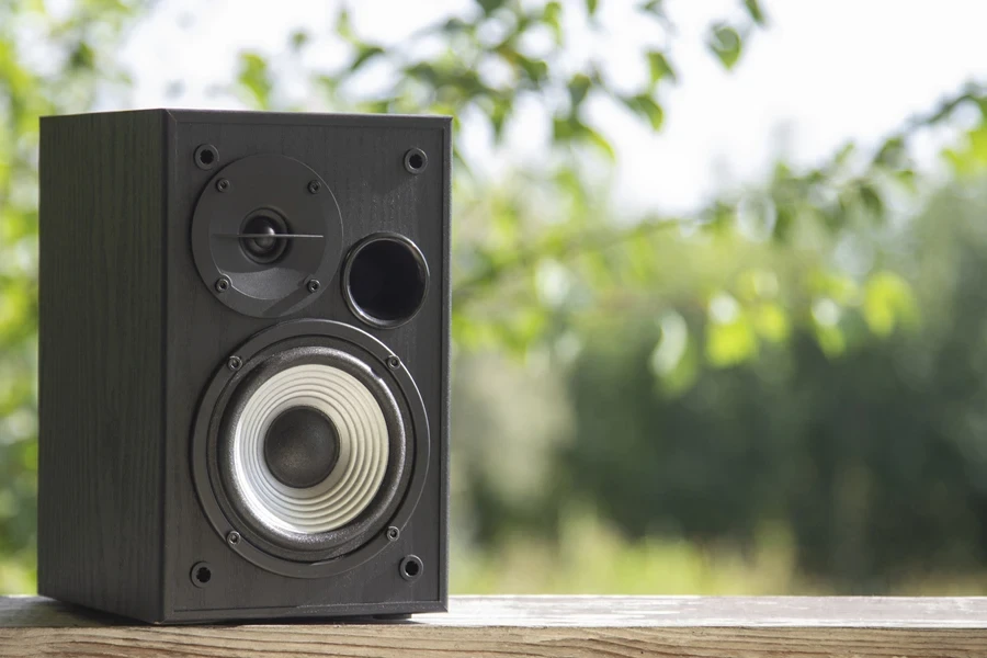 Acoustic sound speakers on nature background. Multimedia, audio and sound concept.