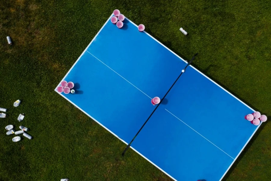 Aerial view of a beer pong party aftermath