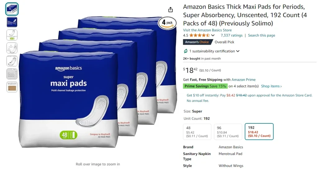 Amazon Basics Thick Maxi Pads for Periods, Super Absorbency