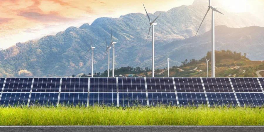 Asphalt road with solar panels with wind turbines against mountanis landscape against sunset sky