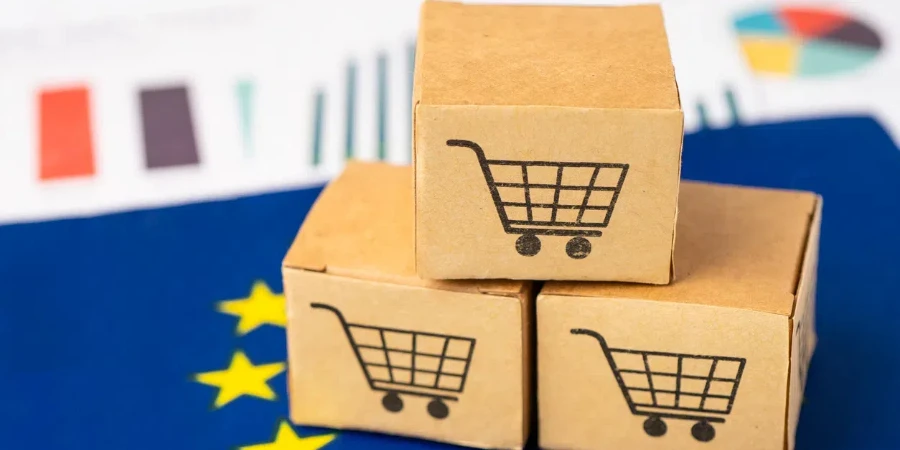 Box with shopping cart logo and EU flag