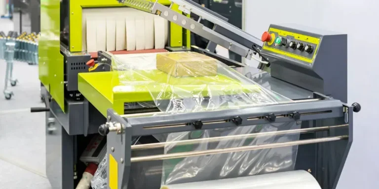 Cardboard box on table with plastic film