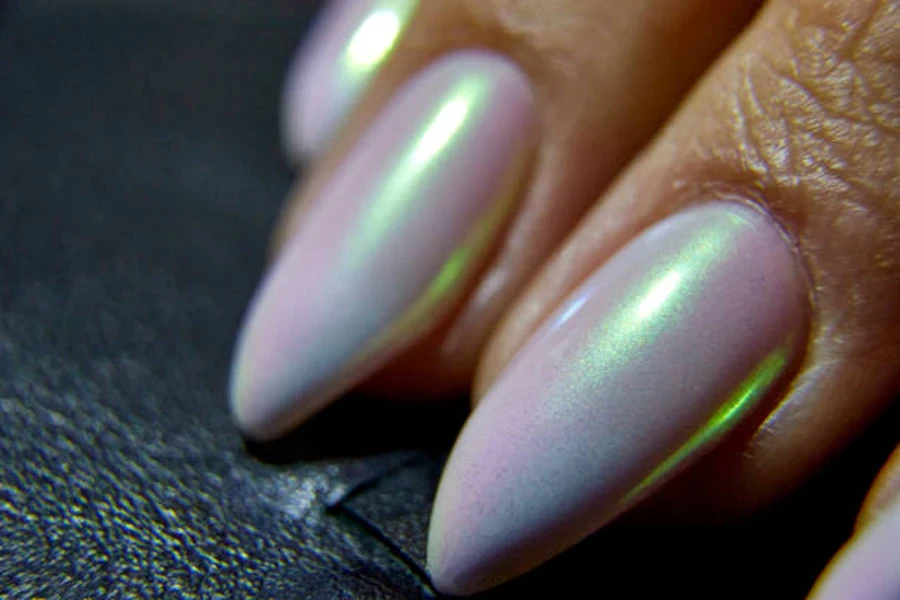 Close up of metallic nails with chromatic shimmer