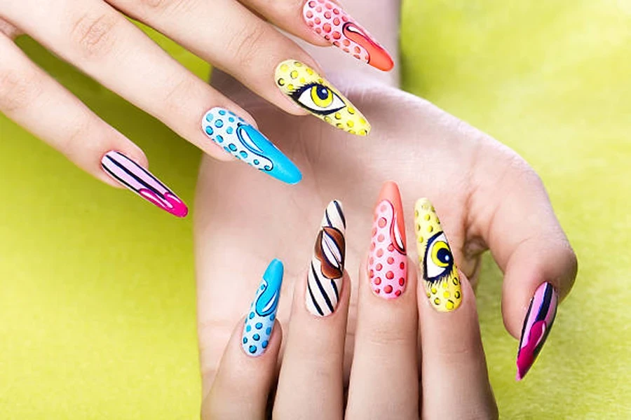 Colorful and retro pop art summer nail designs