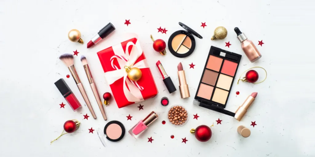 Cosmetics with holiday decorations on a neutral background