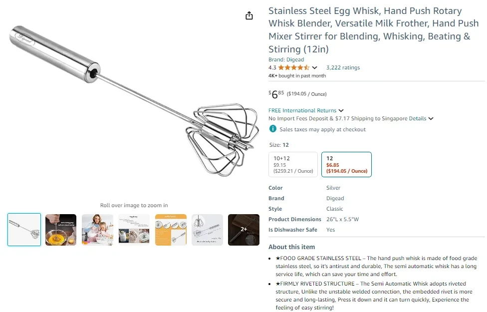 Digead Stainless Steel Egg Whisk, Hand Push Rotary Whisk Blender