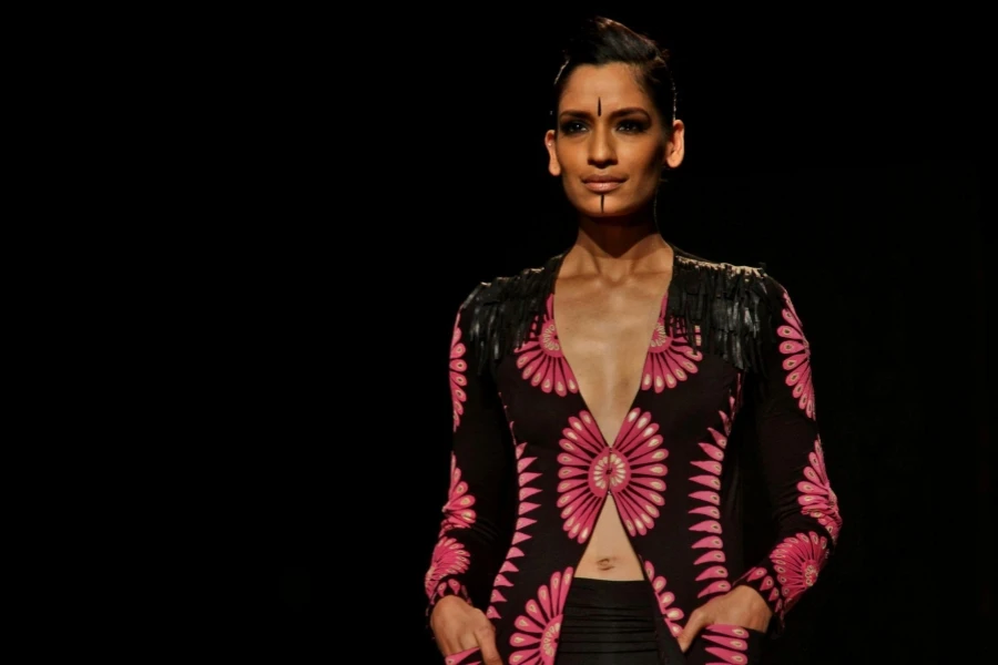 Fashion Model in Black With Pink Prints