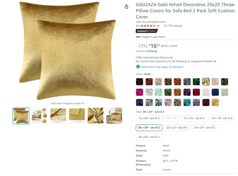 GIGIZAZA Gold Velvet Decorative 20x20 Throw Pillow