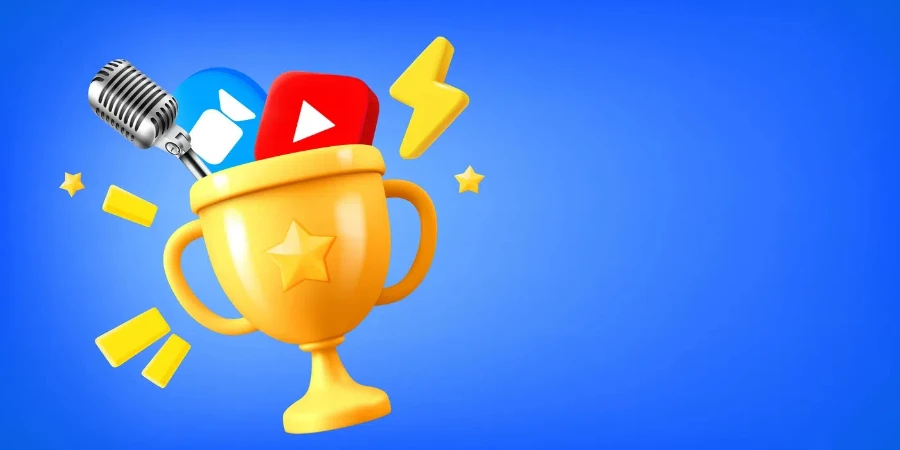 Game achievement concept with gold cup with media icons