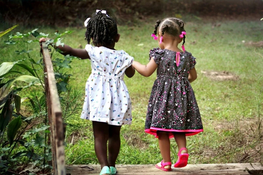 Girls walking on brown bridge