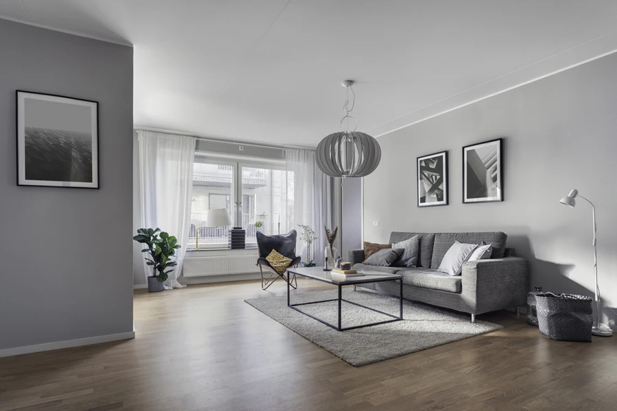 Gray couch and center table in modern minimalist living room