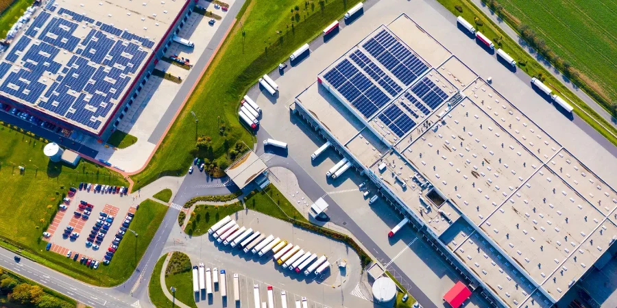 Industrial warehouses with solar panels on the roof