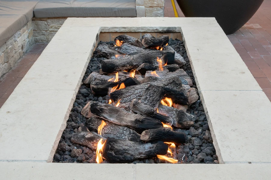 Long, rectangular fire pit in an open-air plaza