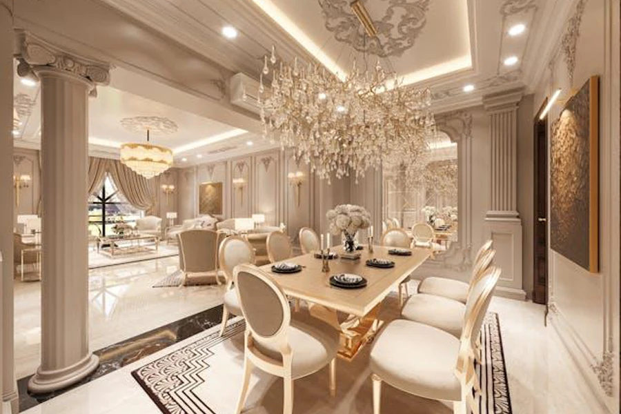 Luxurious dining table with chairs and chandelier