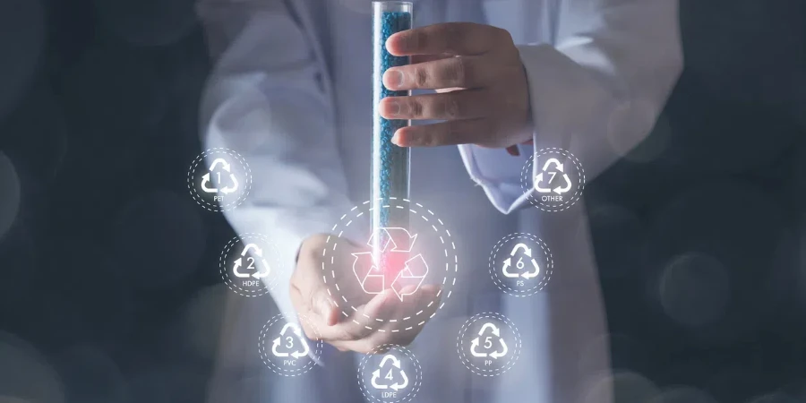 Man holding technology of recycled plastic pellets