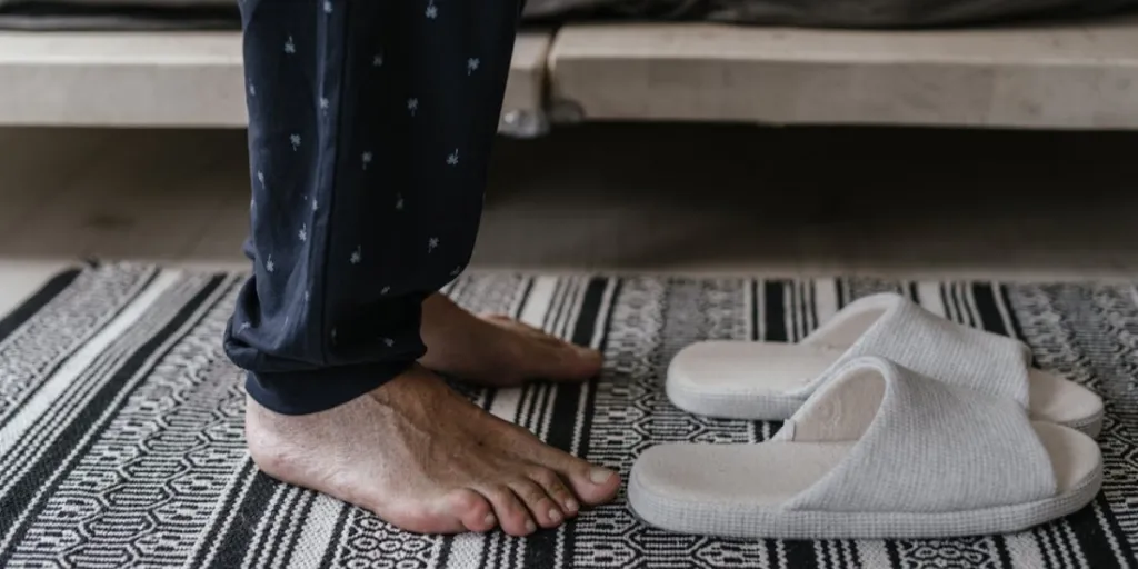 Man standing next to his house slippers