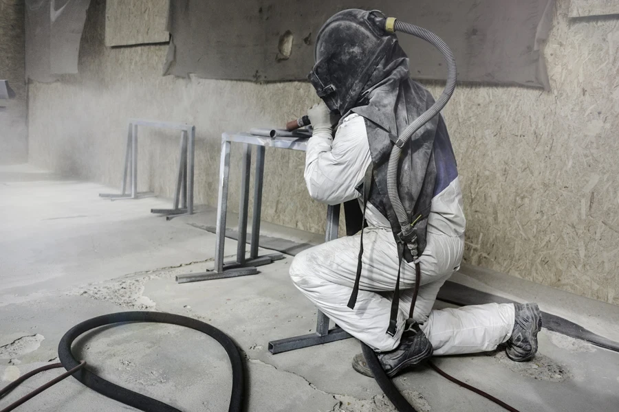 Manual worker using a sandblaster